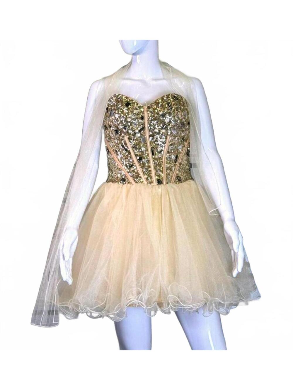 CINDY DRESS M FORMAL PROM RHINESTONE CORSET CHIFFON TULLE SHORT DRESS NWOT